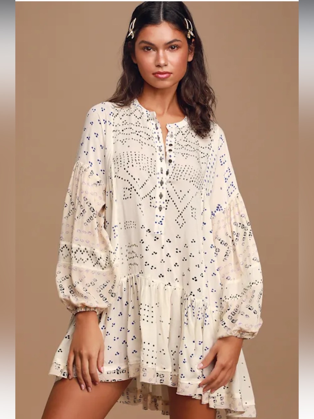 Free People Shibori Festival boho flowy summer tunic shirt dress in ivory